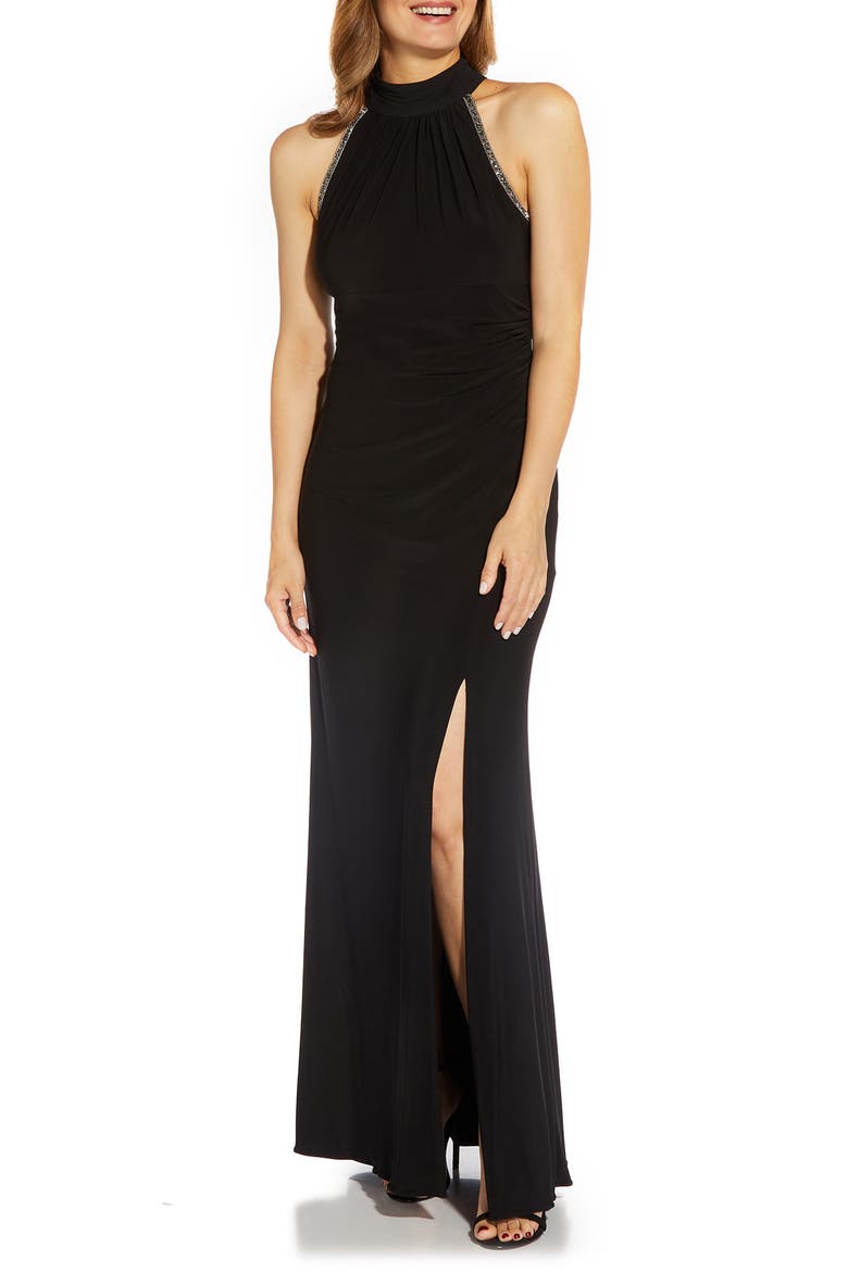 Jersey & Chiffon Halter Gown, Main, color, BLACK