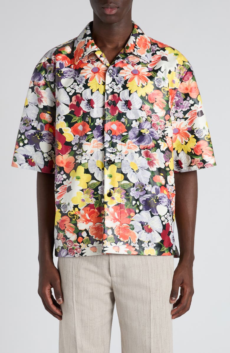 Bottega Veneta Floral Print Leather Camp Shirt, Main, color, 8383 Multicolor
