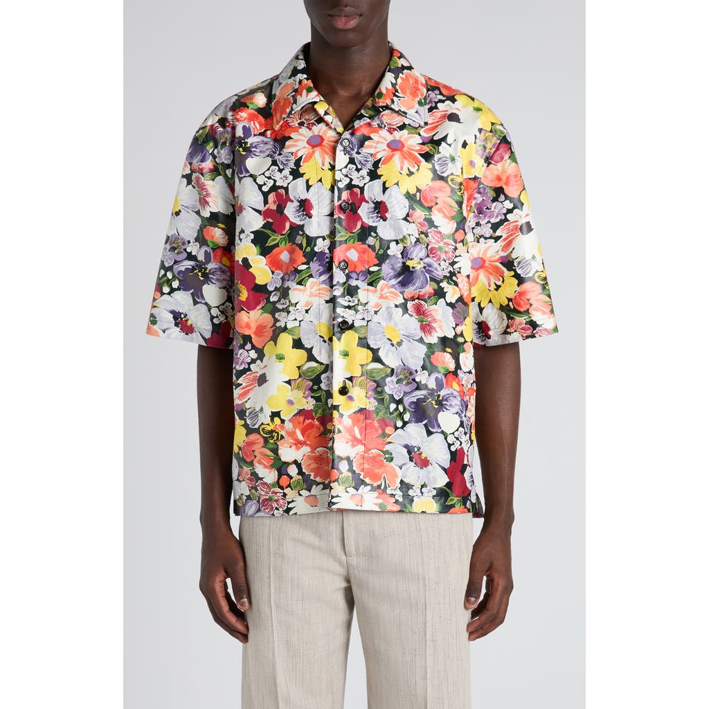 Bottega Veneta Floral Print Leather Camp Shirt In Multi