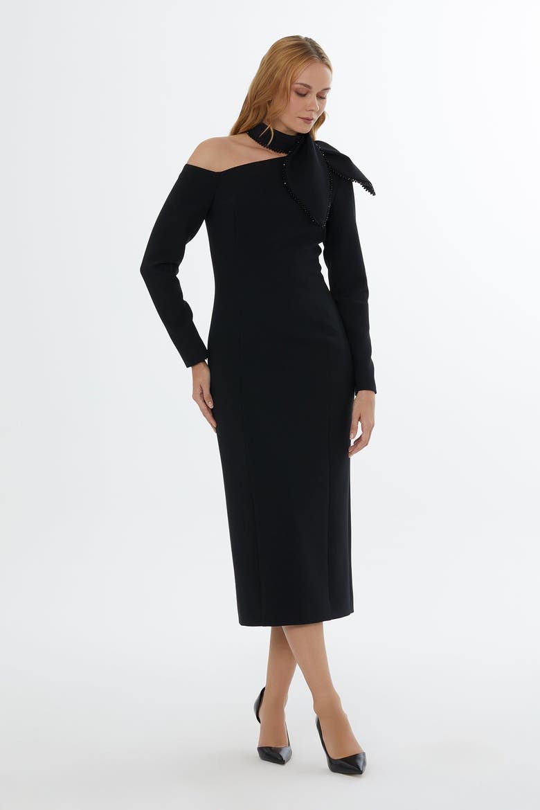 Embroidered Midi Dress with Back & Sleeve Zips, Main, color, Black