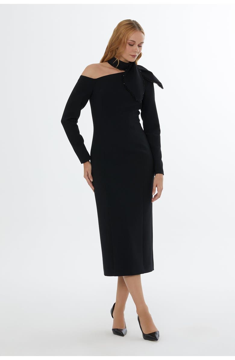 Gizia Embroidered Dress with Back and Sleeve Zips, Main, color, Black