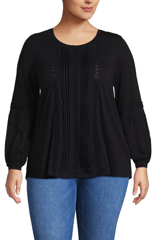 Lands' End Plus Size Lightweight Jersey Lace Mix Long Sleeve Pintuck Top In Black
