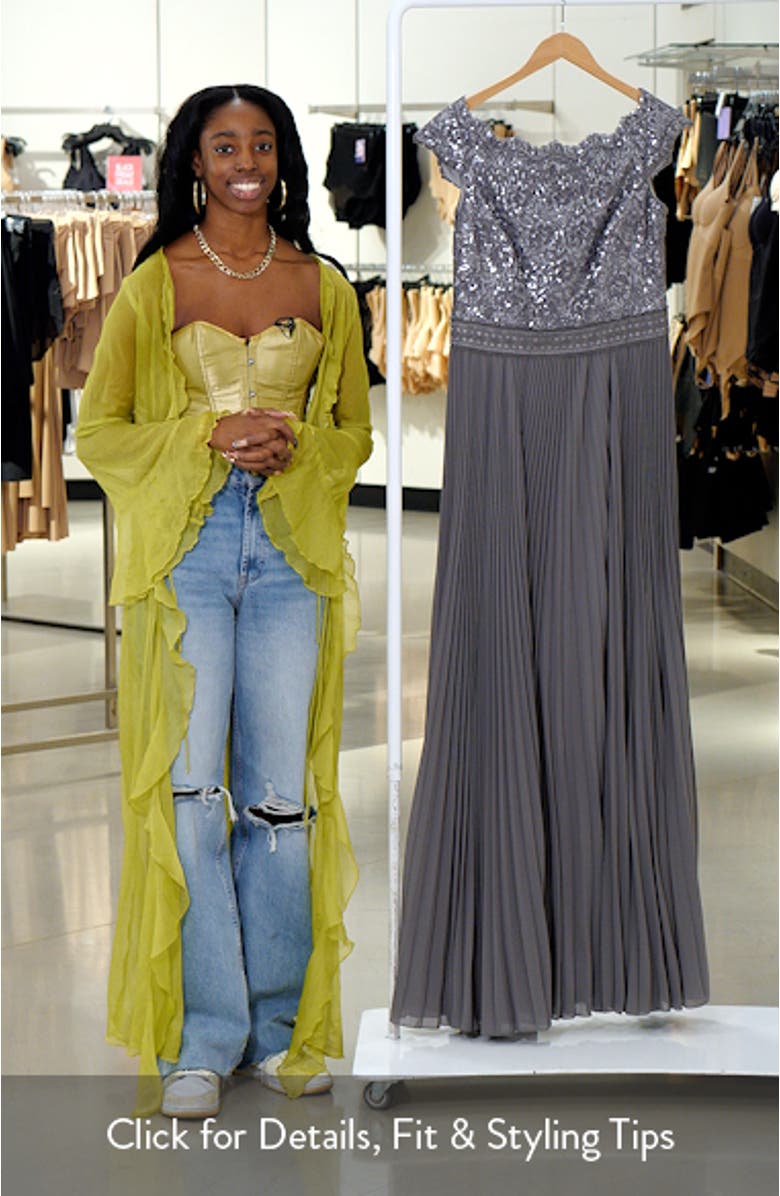 Off the Shoulder Sequin Lace Pleated Gown, sales video thumbnail