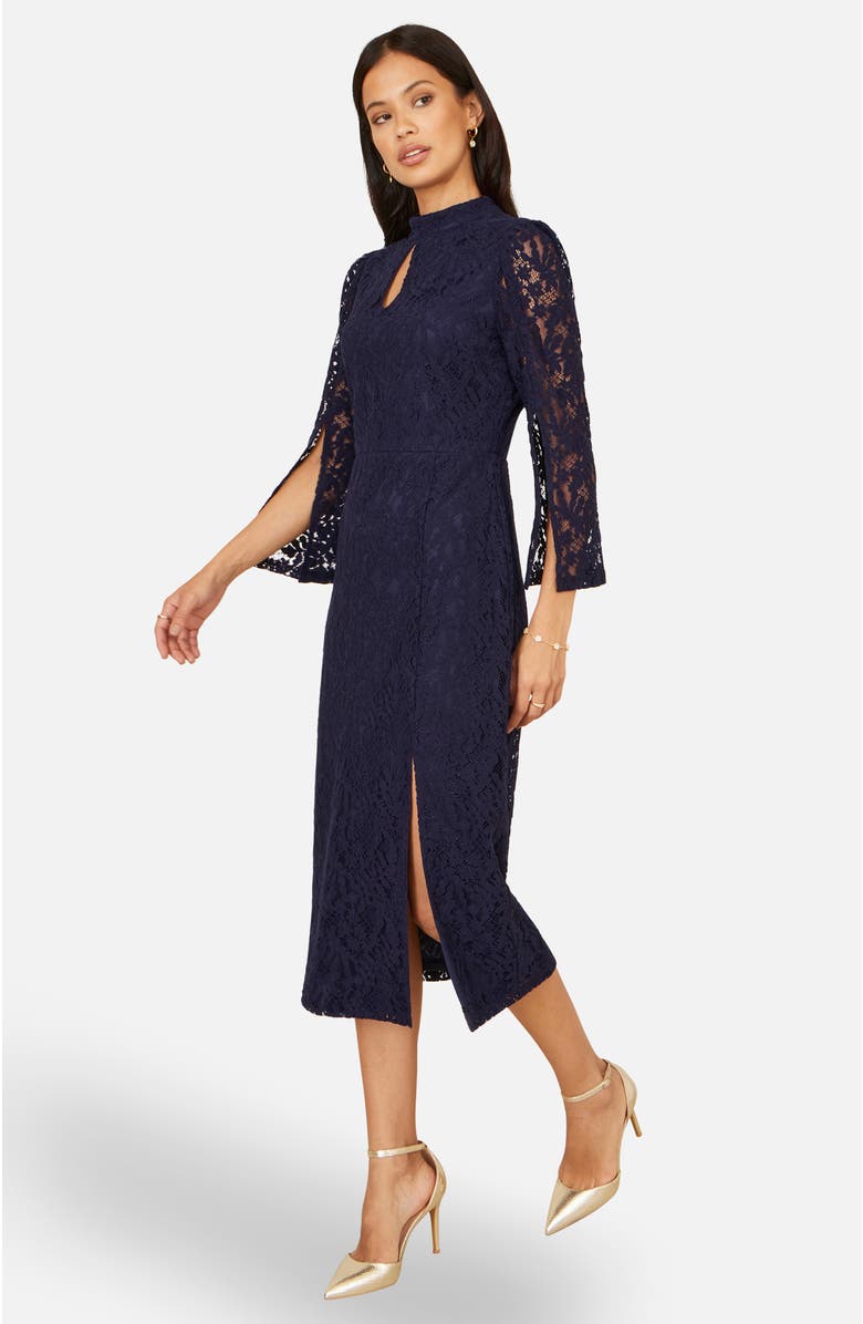 Yumi Lace Fitted Midi Dress, Alternate, color, Navy