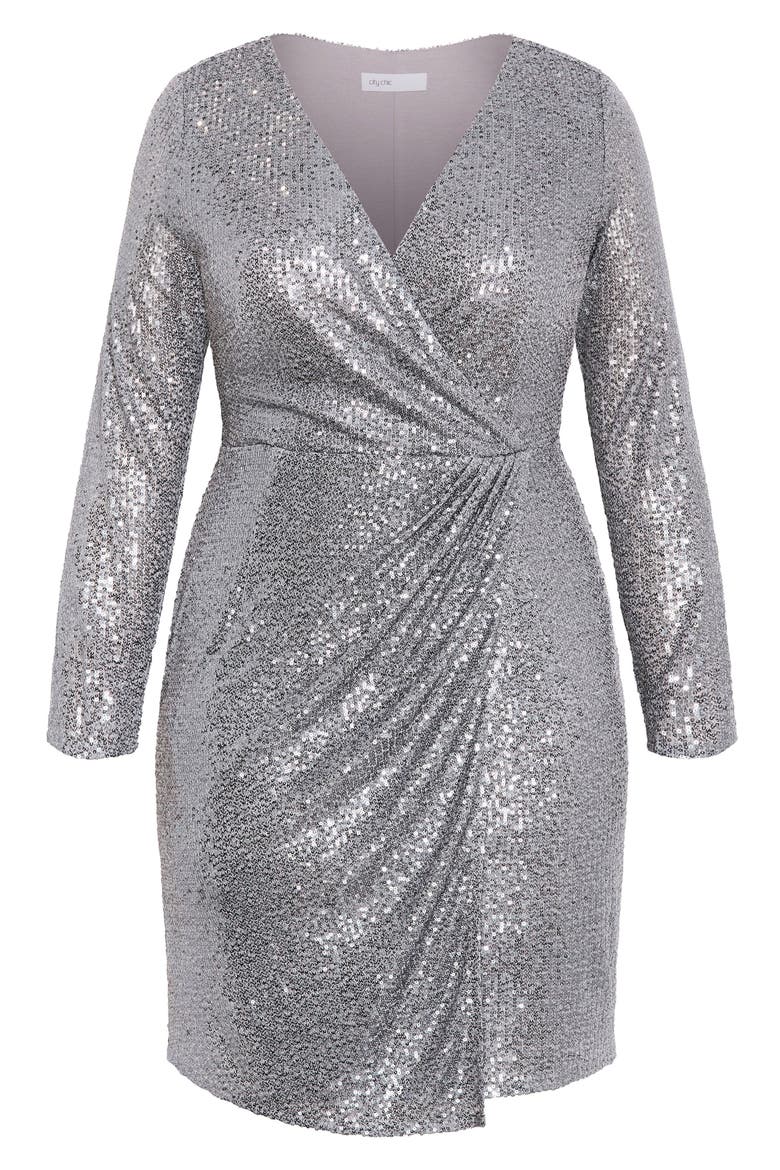 Razzle Sequin Faux Wrap Minidress, Main, color, GUNMETAL