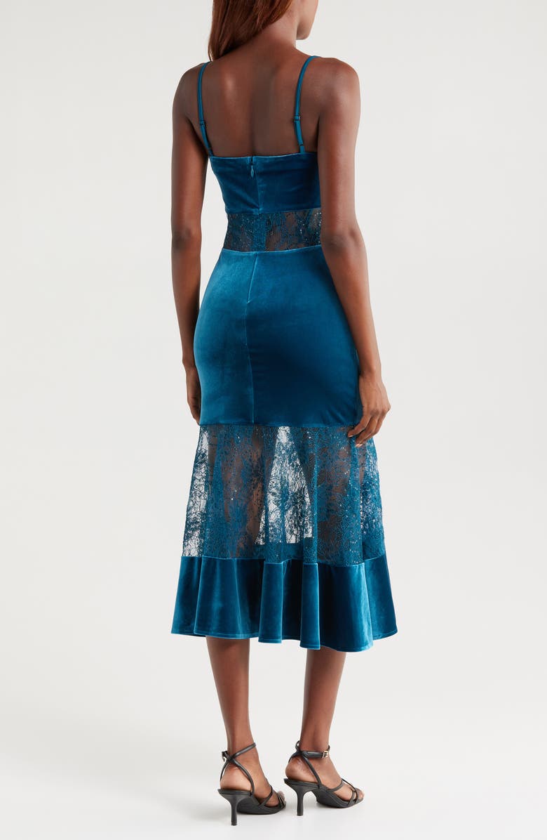 bebe Velvet & Lace Cocktail Midi Dress, Alternate, color, Teal