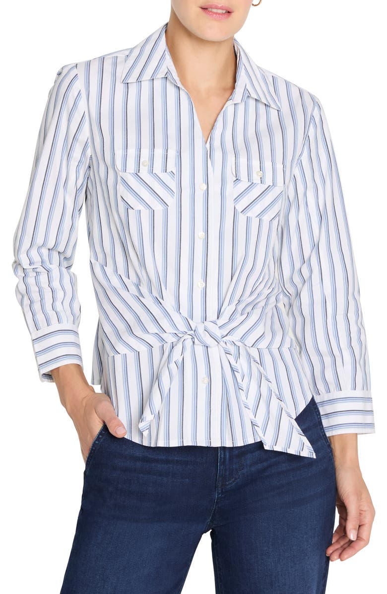NIC+ZOE Iconic Stripe Tie Front Button-Up Shirt, Main, color, Indigo Multi