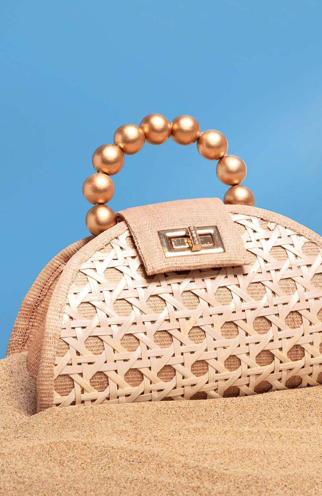 Soli & Sun THE BELLA Rattan Woven Handbag, Alternate, color, Tan & Gold