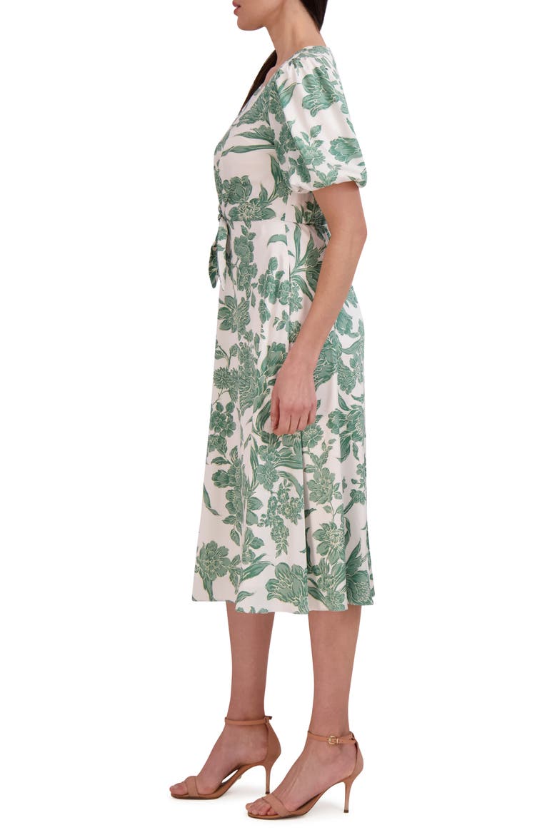 Floral Puff Sleeve Tie Waist Midi Dress, Alternate, color, GREEN-IVORY