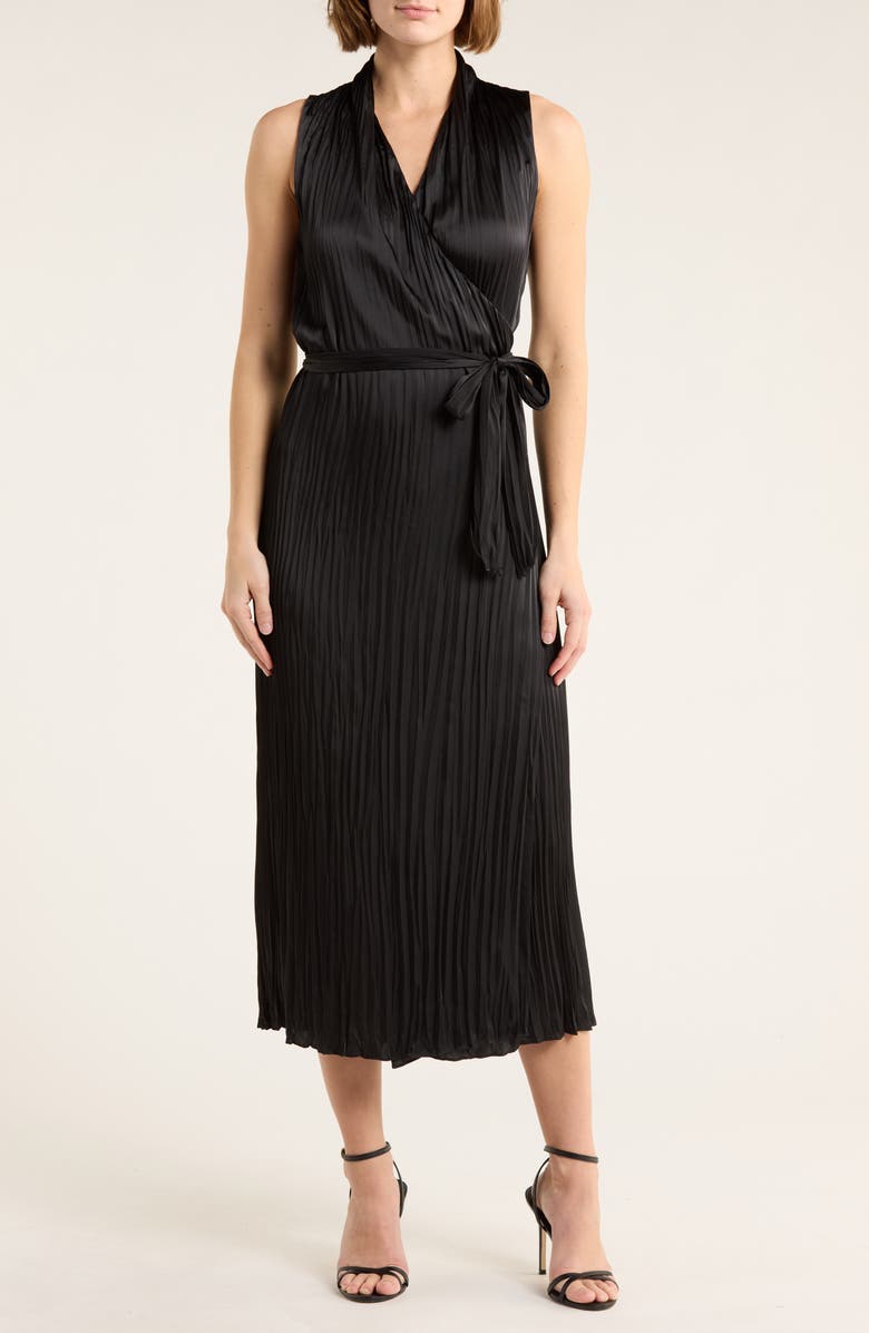 Vince Sleeveless Pleated Satin Wrap Dress, Main, color, Black
