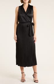 Vince Sleeveless Pleated Satin Wrap Dress
