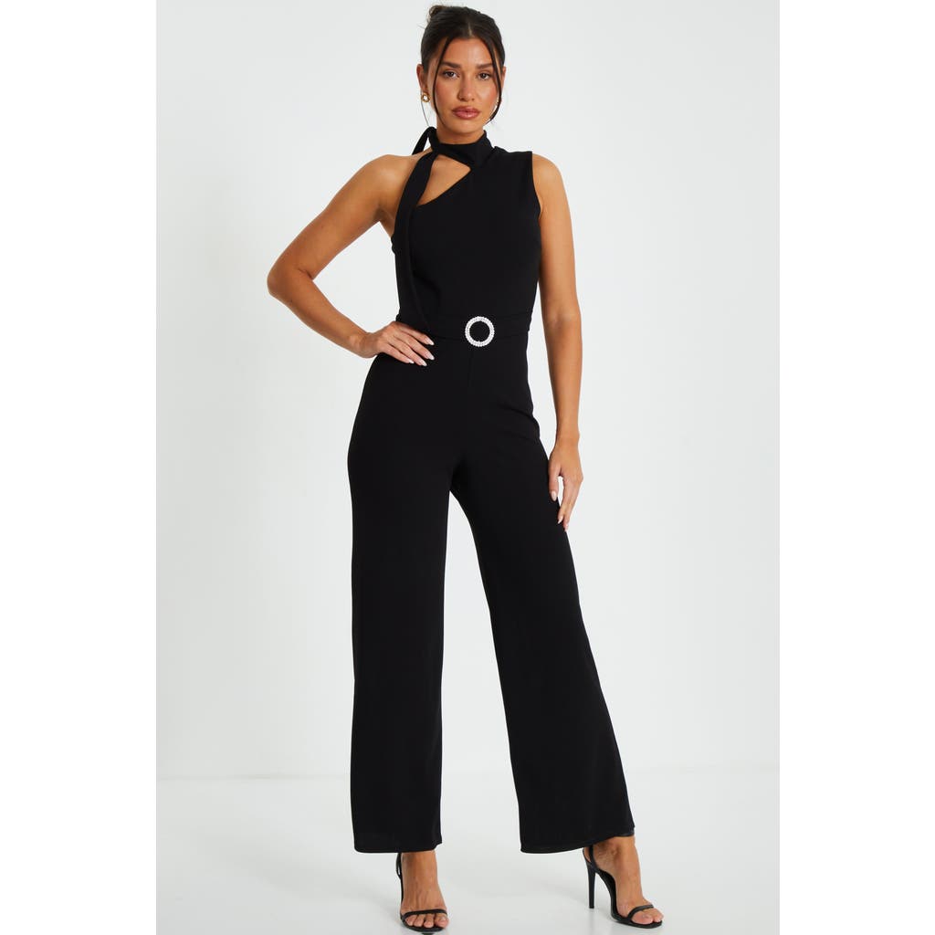 Quiz Scuba Crepe Tie Neck Palazzo Jumpsuit In Black