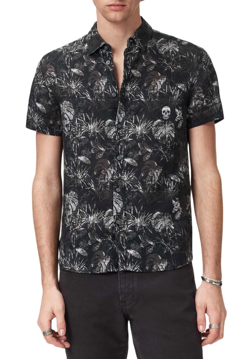 Sean Leaf Print Short Sleeve Linen Button-Up Shirt, Main, color, BLACK
