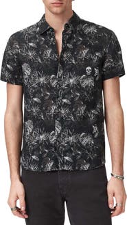 John Varvatos Sean Leaf Print Short Sleeve Linen Button-Up Shirt