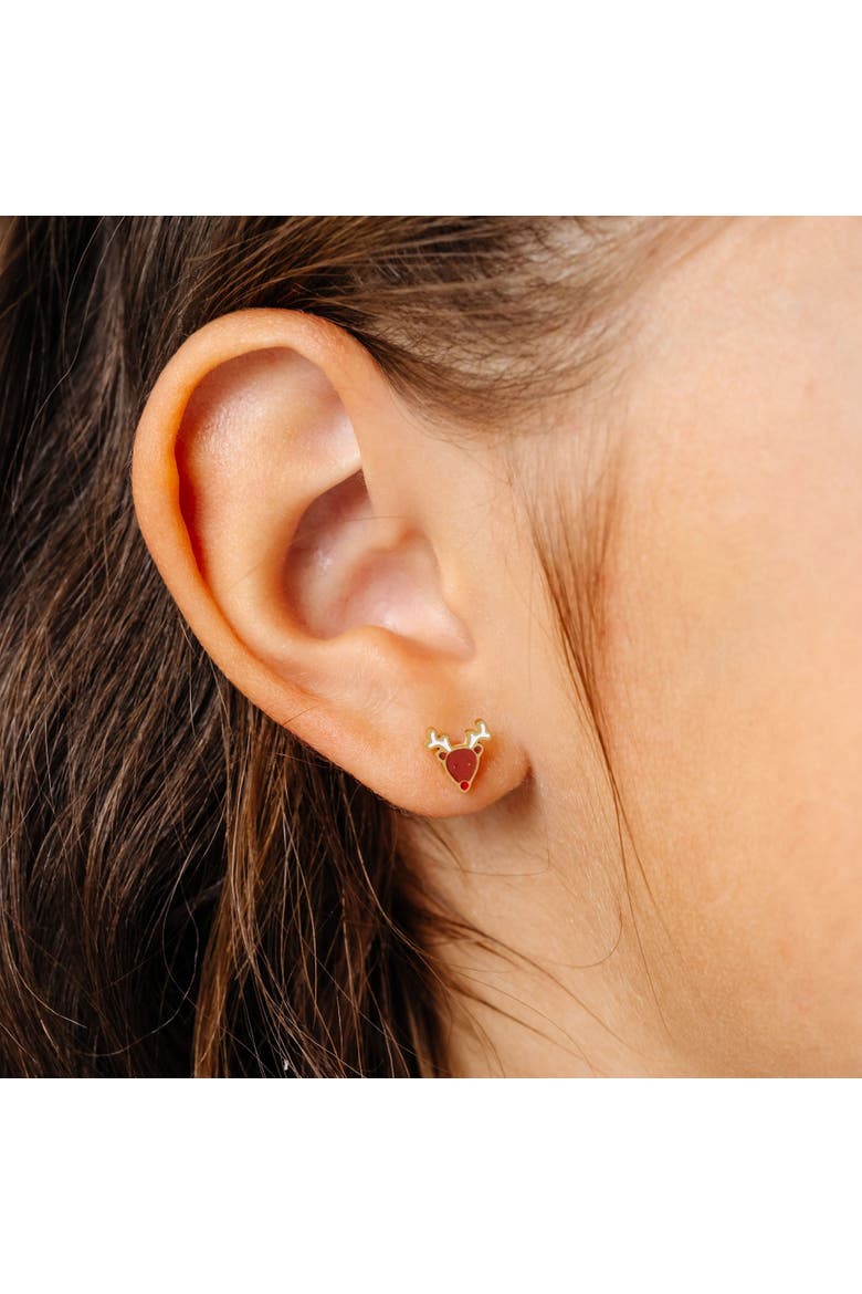 Girls' Reindeer Flatback Stud Hypoallergenic Earrings, Alternate, color, Brown
