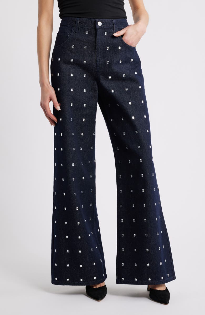 MANGO Leo Crystal Embellished Wide Leg Jeans, Main, color, Open Blue