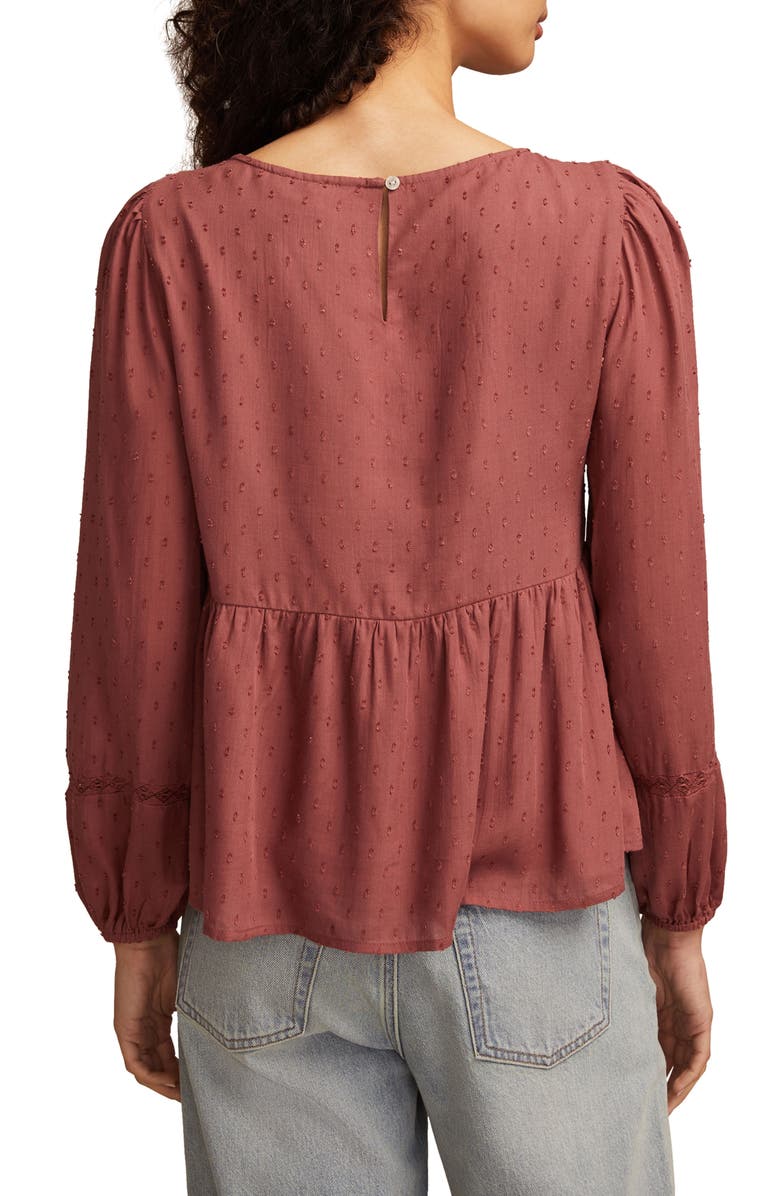 Lucky Brand Embroidered Clip Dot Peplum Top, Alternate, color, Rose Brown