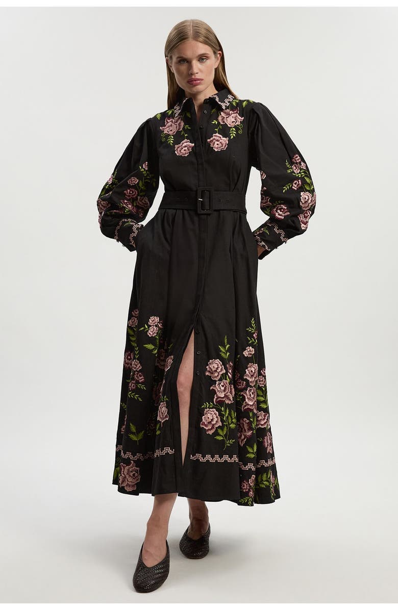Karen Millen Rose Embroidered Cotton Shirt Dress, Main, color, Black