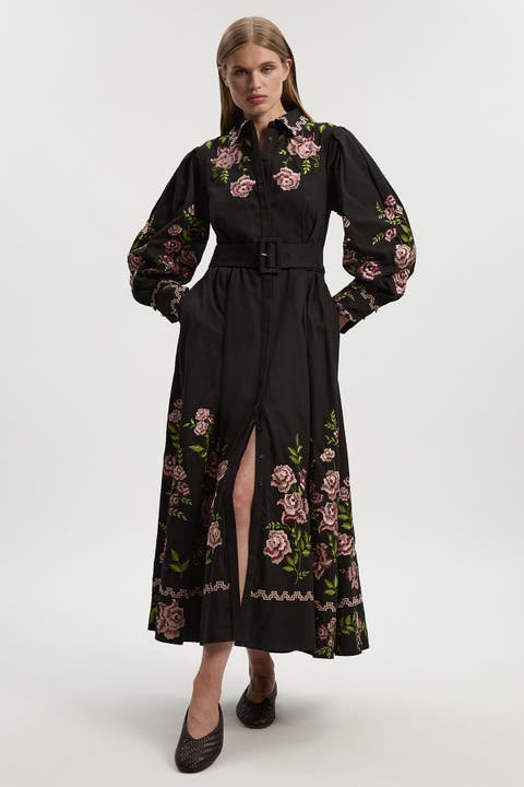 Rose Embroidered Cotton Shirt Dress