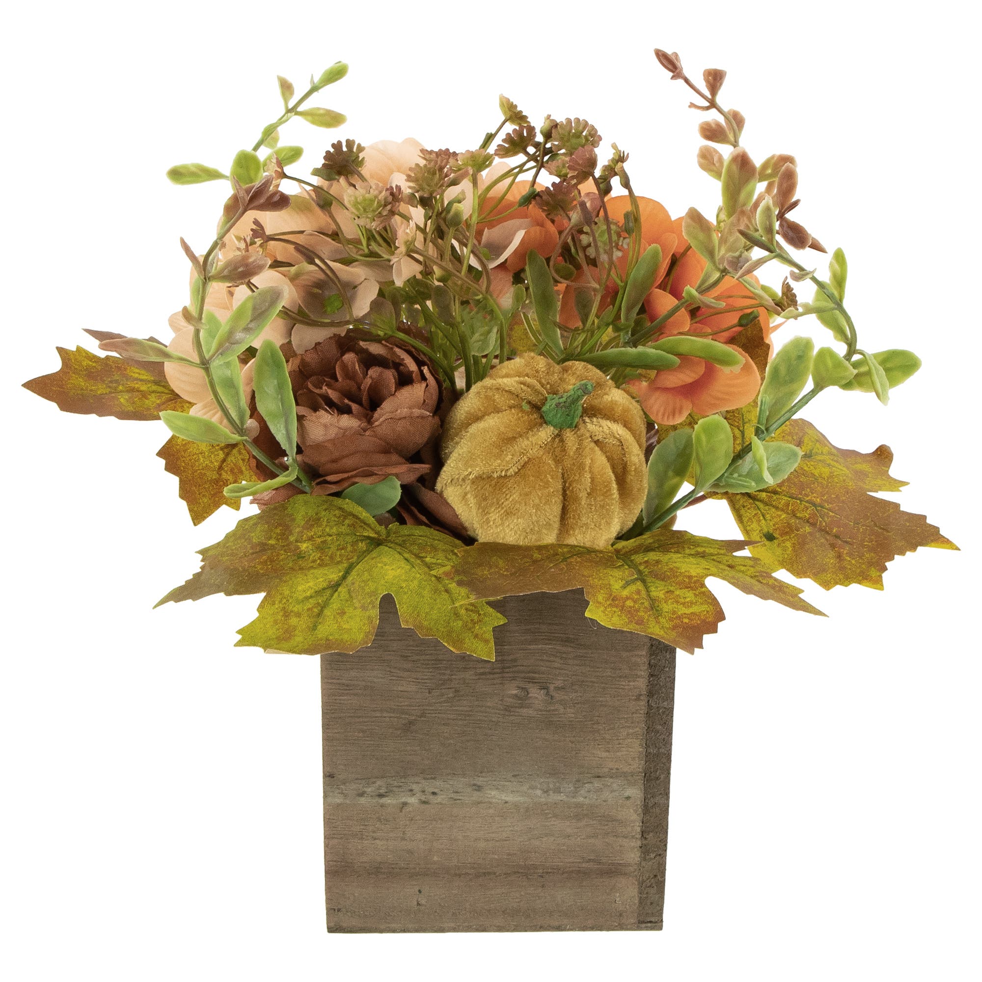 Northlight Floral and Pumpkin Wooden Box Fall Harvest Decoration - 10" x 8" - Orange and Brown 