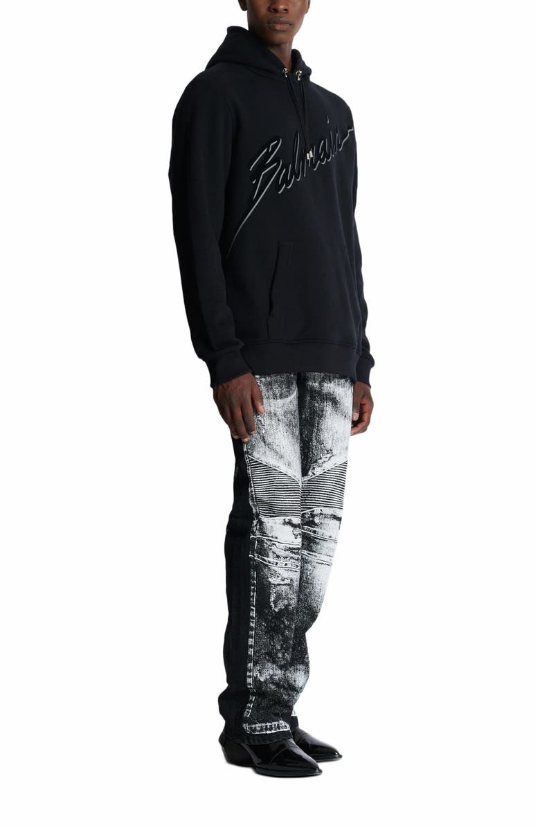 Balmain Flocked Balmain Letter Hoodie, Alternate, color, Black