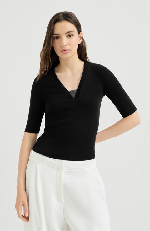 Stretch cotton ribbed jersey top with precious insert