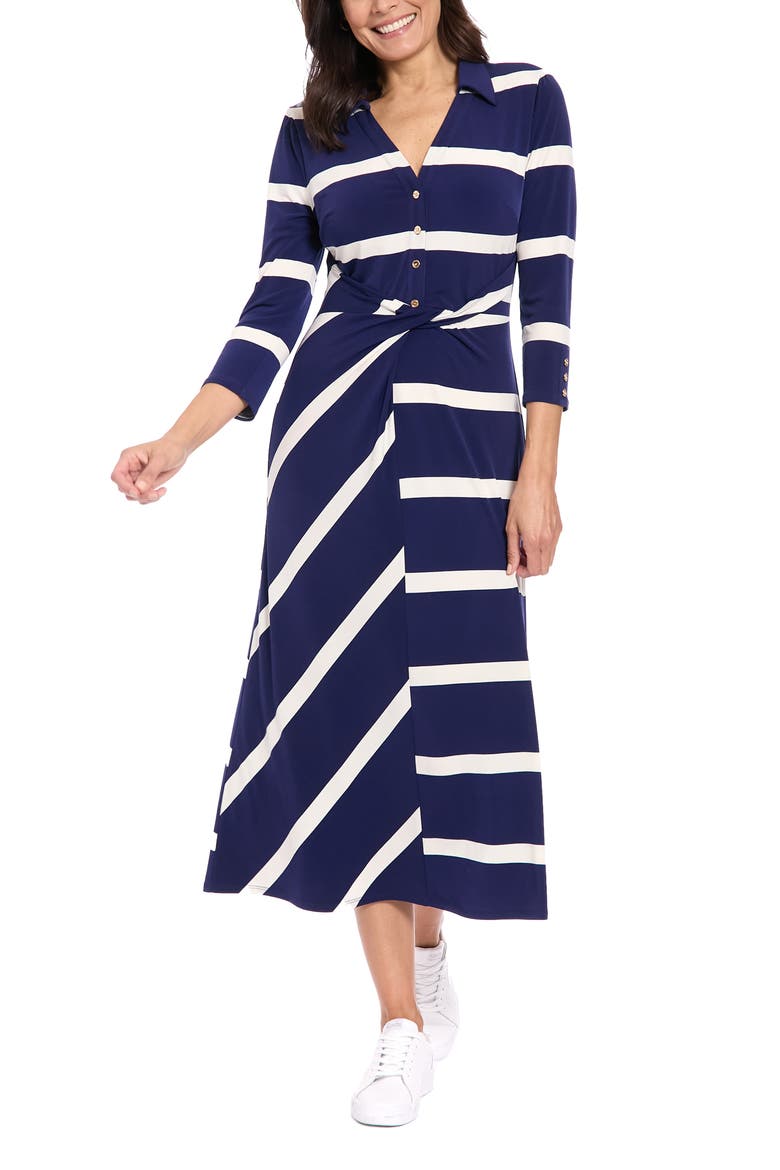 Stripe Three-Quarter Sleeve Shirtdress, Main, color, NAVY/ IVORY