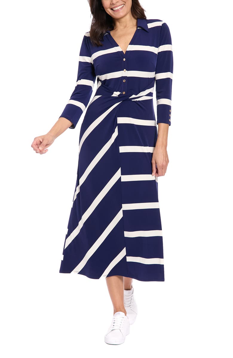 London Times Stripe Three-Quarter Sleeve Shirtdress, Main, color, Navy/ Ivory