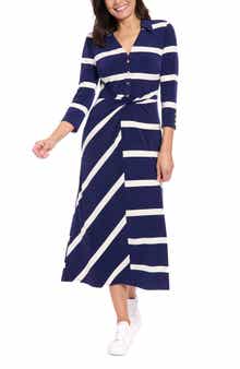 London Times Stripe Three-Quarter Sleeve Shirtdress