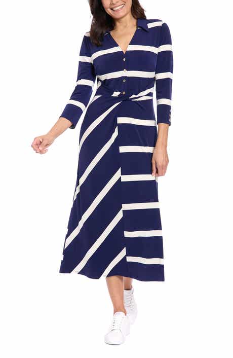London Times Stripe Three-Quarter Sleeve Shirtdress