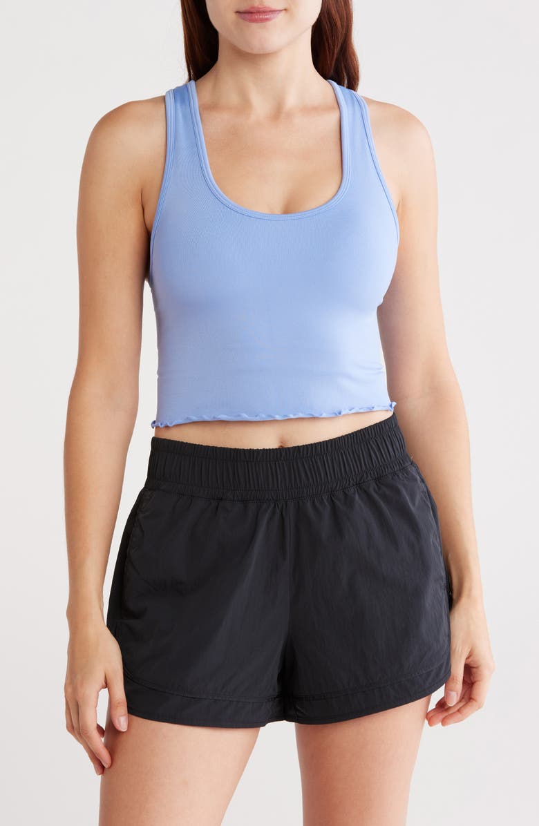 YOGALICIOUS Seamless Hollywood Lettuce Edge Racerback Bralette, Main, color, Grapemist