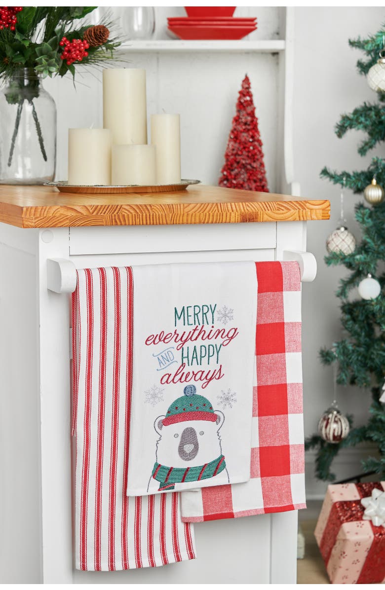 C&F Home Christmas "Merry Everything and Happy Always" Sentiment Polar Bear Cotton Flour Sack Kitchen Dish Towel  27L x 18W in., Alternate, color, Green