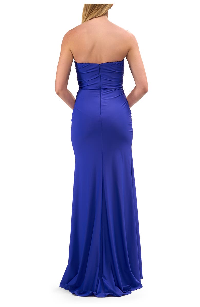 La Femme Strapless Evening Dress with Beading Detail on Slit and Neckline, Alternate, color, Royal Blue