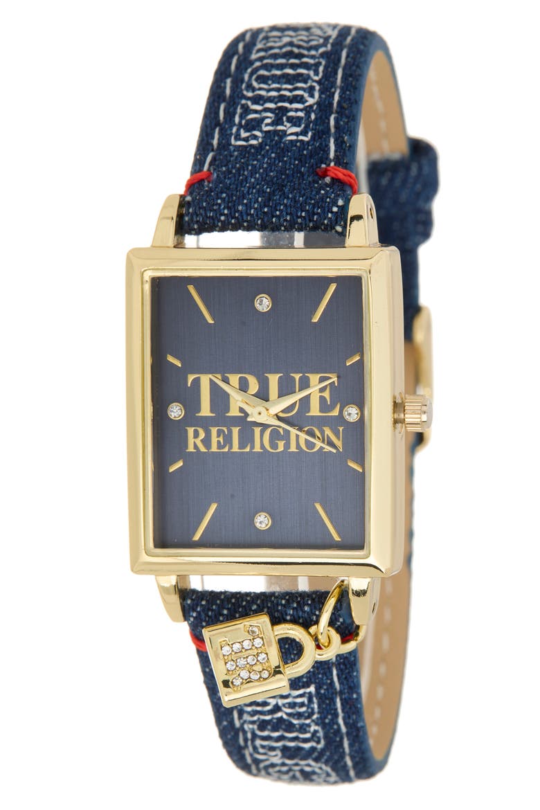 Charm Tank Denim Strap Watch, 25.4mm, Main, color, GOLD