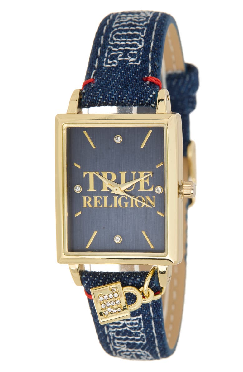 True Religion Charm Tank Denim Strap Watch, 25.4mm, Main, color, Gold