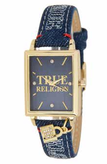 True Religion Charm Tank Denim Strap Watch, 25.4mm