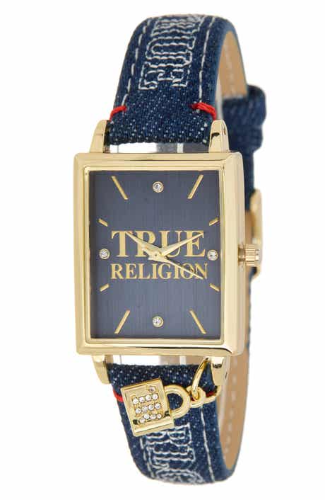 True Religion Charm Tank Denim Strap Watch, 25.4mm