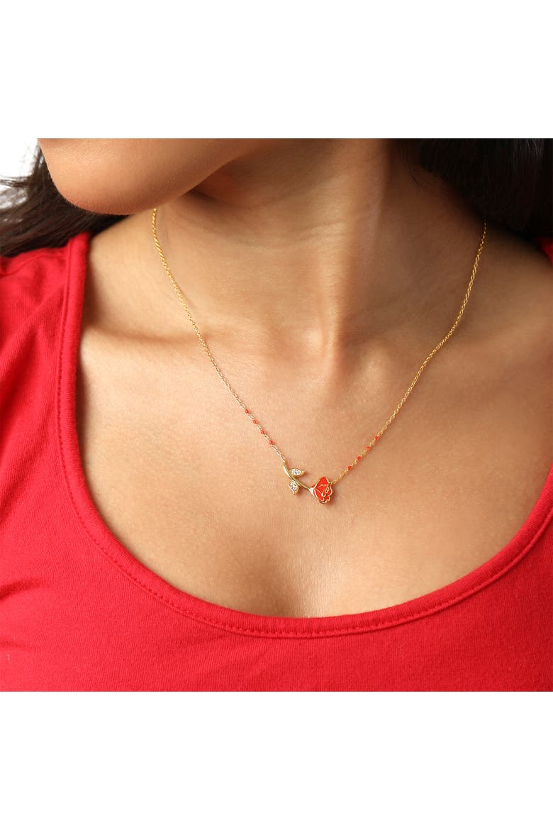 Beauty and the Beast Red Enamel Rose Necklace for Women 17", Alternate, color, Metallic Gold