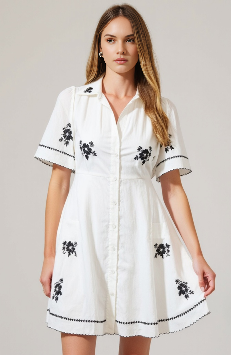 Modenaire Short-Sleeve Button-Front Embroidered Shirt Dress, Main, color, White / Black