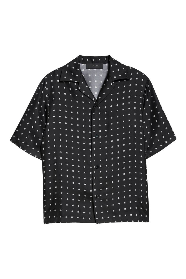 Mix & Match Monogram Logo Print Silk Camp Shirt, Alternate, color, BLACK