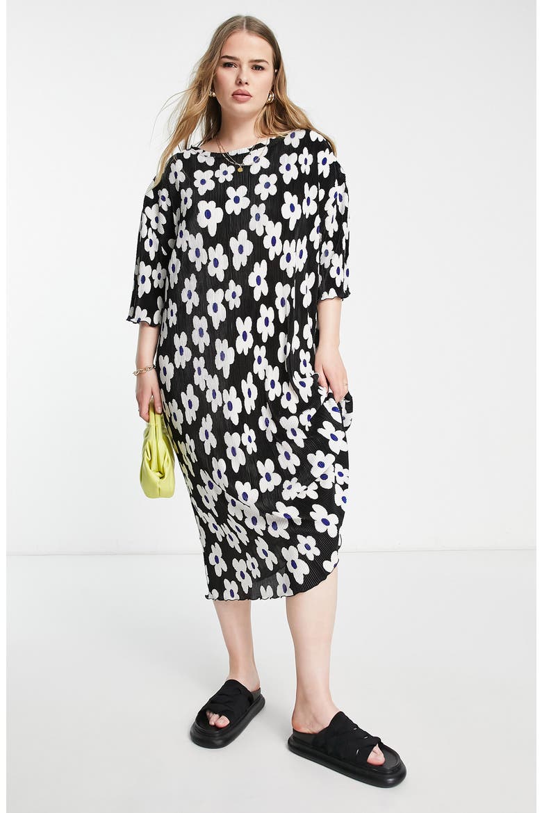 Curve Floral Plissé Midi Dress, Main, color, BLACK