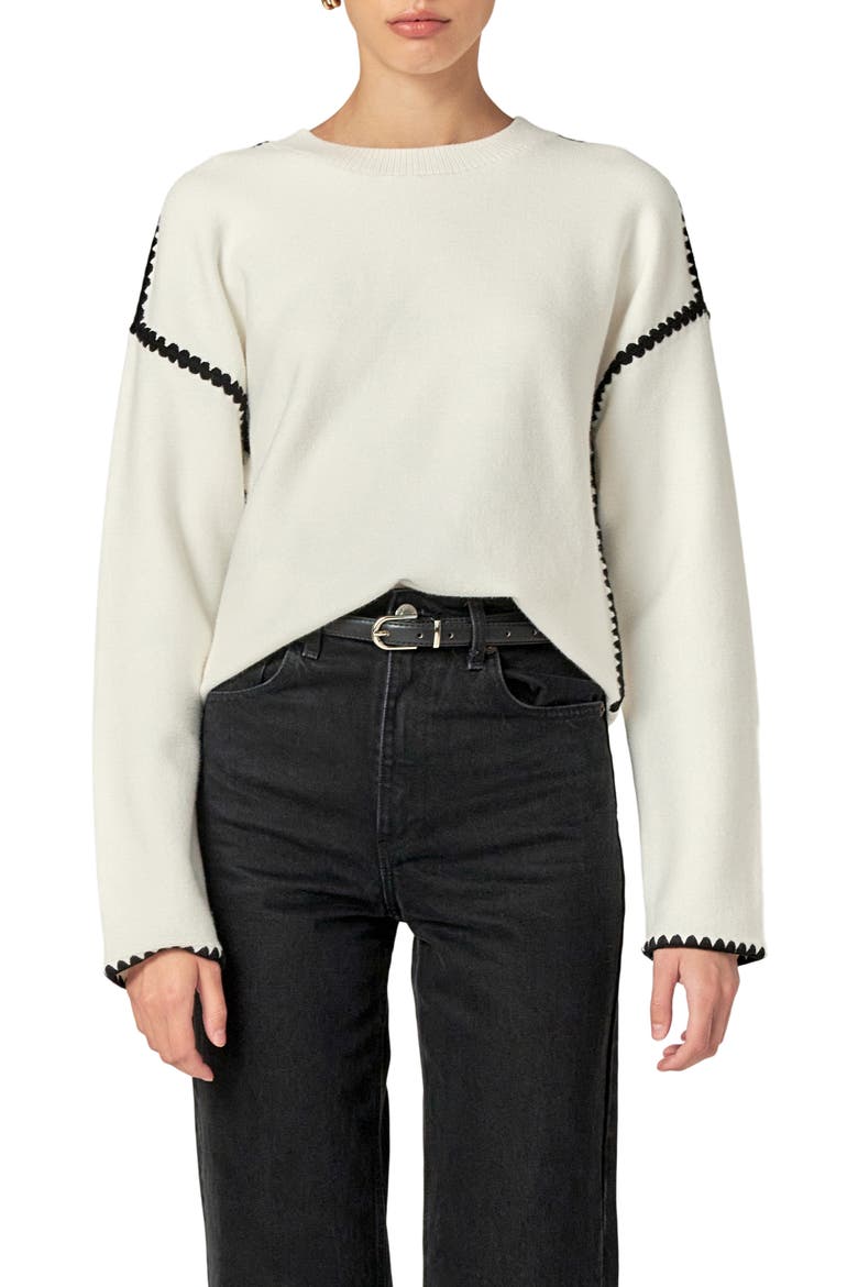 Embroidered Crewneck Sweater, Main, color, WHITE/BLACK