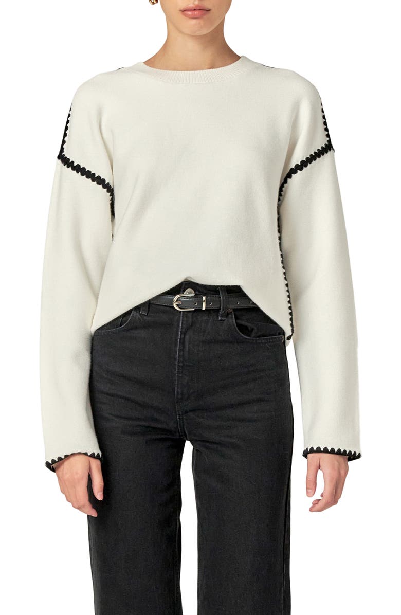 English Factory Embroidered Crewneck Sweater, Main, color, White/Black