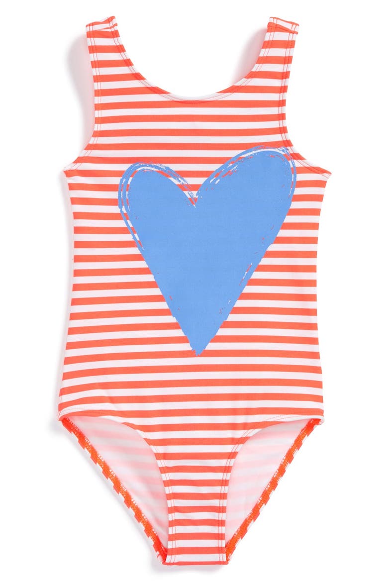 One-Piece Swimsuit, Main, color, CORAL BLAZE BLUE LAPIS HEART