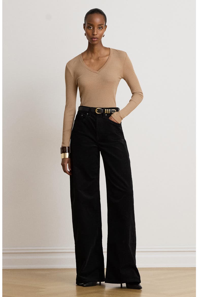 Rib Long Sleeve V-Neck Top, Alternate, color, CAMEL BEIGE