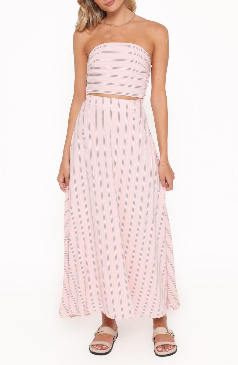 Petal & Pup Serafina Stripe Strapless Top & Maxi Skirt Set, Main, color, Blue Stripe