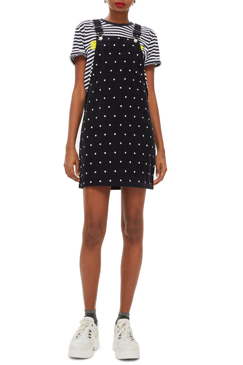 Polka Dot Corduroy Pinafore Dress, Main, color, NAVY BLUE