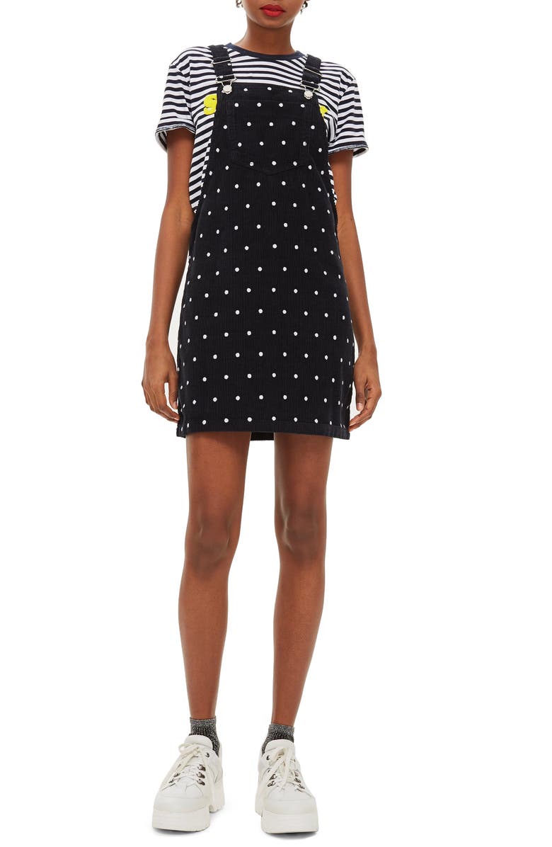 Topshop Polka Dot Corduroy Pinafore Dress, Main, color, 