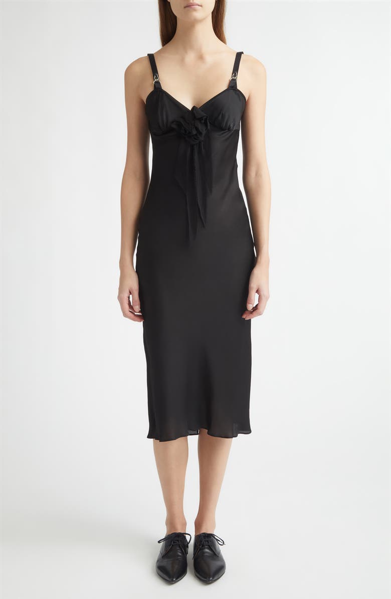 Meruert Tolegen Satin Slipdress with Chiffon Appliqué, Main, color, Black