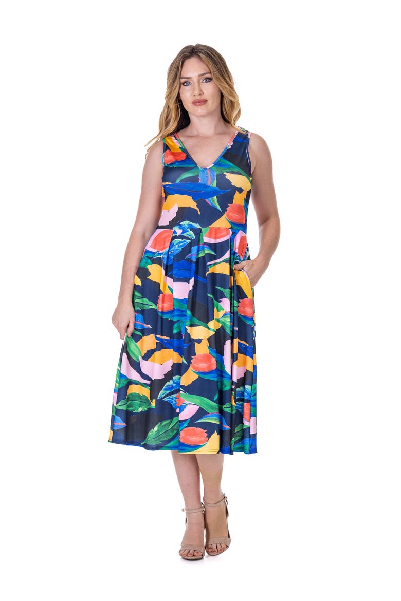 Midi Length Multicolor Sleeveless Pleated Pocket Dress, Main, color, Navy Multi